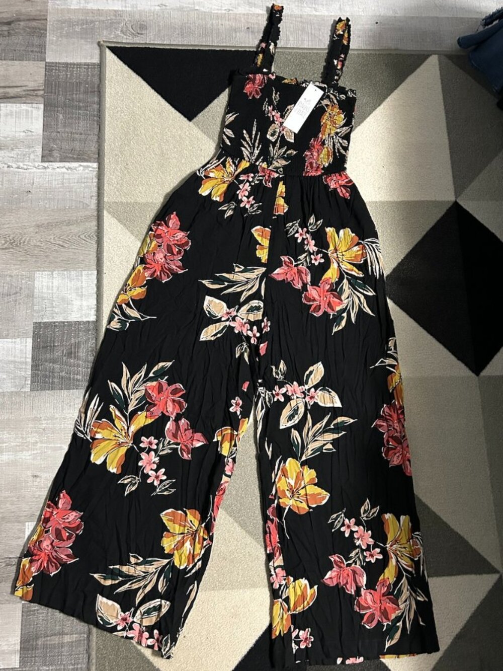 NWT Patrons of Peace Black Tropical Floral Smocked Wide Leg Jumpsuit Women's S